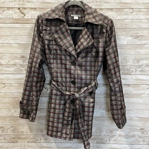 Dalia Collection Womens M Rain Jacket Lined Purple Grey Plaid Belted Button Up - Picture 1 of 11