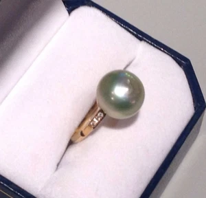 VINTAGE SOUTH SEA GREENISH/GREY 11.7MM PEARL & 14K GOLD & 6-DIAMOND RING Sz.6.5 - Picture 1 of 8