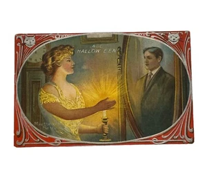 Antigua postal de 1910 “Todo Halloween” mujer con vela ve hombre en espejo - Imagen 1 de 9