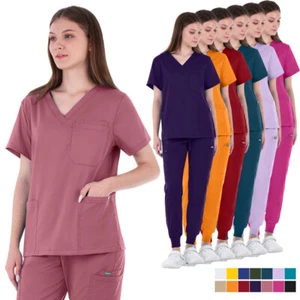 Unisex Stretch Medical Nurse Uniform Scrub Sets V-Neck 4-Pocket-Top Jogger Pant - Picture 1 of 77