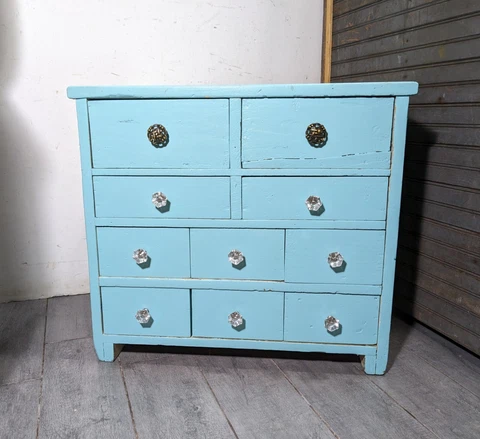 Antique Blue Painted Cabinet Chest of Drawers - Rustic Country Apothecary Style Cover