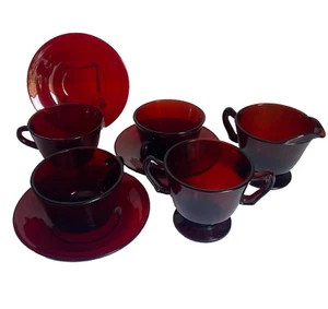 Vintage Ruby Red Glass creamer sugar bowl 3 Cups 3 Saucers - Picture 1 of 13