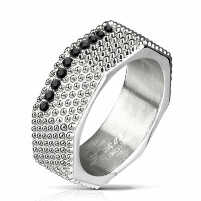 Stainless Steel Spiked Surface Octa Ring Black CZ Set Center Rings Closeout - Image 1 of 2