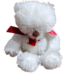 Hallmark Neu mit Etikett Little Beary Kuscheltier Teddybär weiß braun rot Schleife zottelig Rarität - Bild 1 von 2