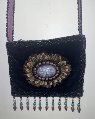 Purple Velvet Feather Small Beaded Crossbody Purse Amulet Native Medicine Bag - Image 1 of 4