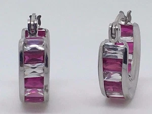 14K WHITE GOLD STUNNING CZ CRYSTALS WHITE AND RED HOOP EARRINGS - Picture 1 of 12