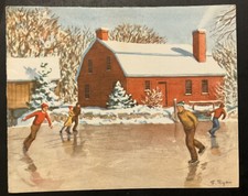 Vtg Christmas Greeting Card Cold Winter Day Youngsters Skating On Pond Red Barn