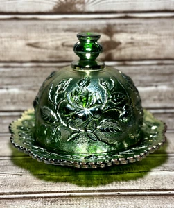 Imperial Glass Lustre Rose Helios Green Carnival Glass Covered Butter Dish - Picture 1 of 22