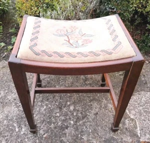 Vintage Mahogany Dressing Table Stool, Floral Needlework Style Cover - Picture 1 of 8