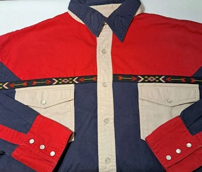 Vintage Rustler Wrangler Western Shirt Pearl Snap Men's XL Southwestern Red Blue - Image 1 of 4