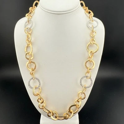 Chunky Gold Tone Link Chain Necklace Rhinestone Accents Toggle Clasp - Image 1 of 4