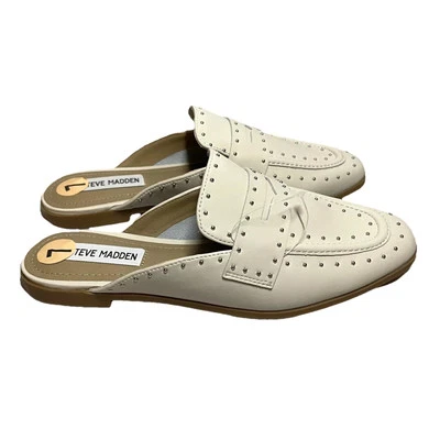 New STEVE MADDEN Kendle Bone Leath Studded Leather Mules Size 7M White Shoes - Image 1 of 4