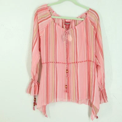 Mudd Boho Top Women XL Pink Red Yellow Stripe Drawstring Neck Flair Wrists Bead - Image 1 of 4