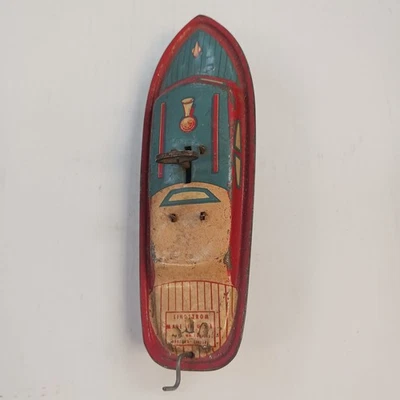 Vintage Lindstrom Tin Litho Wind Up Toy Boat w/Key WORKING  8 inch - Image 1 of 4