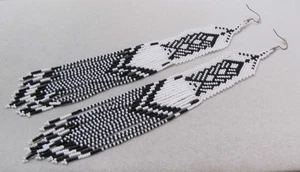 Handmade Extra Long 8-3/4” White & Black Seed Bead Dangle Hook Earrings - Picture 1 of 9