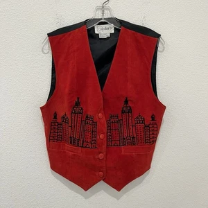 Chaleco De Colección Años 90 Cedros Gamuza Cuero - Rojo con Cuentas NYC Skyline Para Mujer Talla L - Imagen 1 de 6