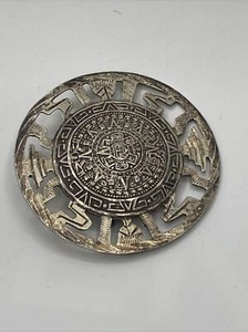 925 Sterling Silver Vintage Mexico Aztec Calendar Pin Brooch / Pendant - Picture 1 of 5