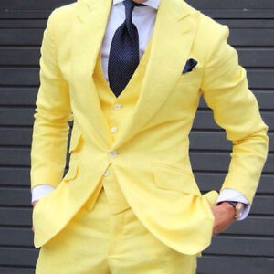 Men 3 Piece Suit Yellow Slim Fit Groom Tuxedos Wedding Bridegroom Suit Custom