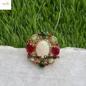 Beautiful Multi Gemstone Ring Diamond Statement Ring 925 Silver Gold Plated Gift - Foto 1 di 5