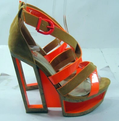 Marrón/Naranja 6" Tacón de Cuña Alto 2" Plataforma Peep Toe Zapato MUJERES Talla 5.5 Foto 1 de 4