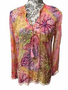 LETARTE Handmade Cover Up V-Neck Pullover Beaded Print Side Slits Size S/M - Picture 1 of 12