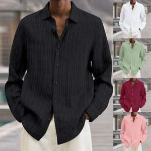 Casual Blouse Mens Tops Summer Dress Shirt Solid Long Sleeve Button Loose Shirts - Picture 1 of 22