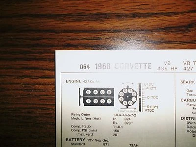 1968 Chevrolet Corvette Modelos 435 HP 427 V8 com Gráfico de Ajuste TI SUN Ótimo Estado! - Imagem 1 de 4