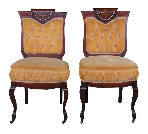 2 Antique Edwardian Mahogany Chairs Marquetry Mother of Pearl Tufted Shield Back Cover