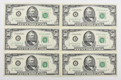 Lot (6) 1969 $50 Boston, MA US FRN Consecutive Notes 2114-A Fr *1917 - Image 1 of 3