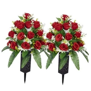 Artificial Cemetery Flowers – Grave Decorations, Cemetery 2 bouquets Red - Picture 1 of 7