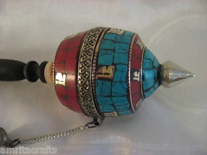 RUEDA DE ORACIÓN BUDISMO TIBETANO OM MANI PADME HUM TURQUESA CORAL - Imagen 1 de 1
