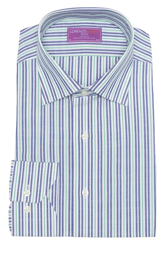 Men’s $125 Lorenzo Uomo Trim Fit Navy/Green Stripe 100% Cotton Dress Shirt NWT - Image 1 of 1