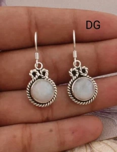 Natural Round Moonstone GEMSTONE Silver Earring Handmade 925 Dangle Drop Earring - Picture 1 of 3