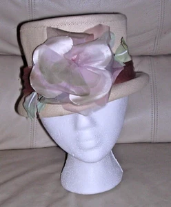 Vintage Box Hat Tan Chiffon Flower Brown Sash Union Made USA Medium Women's - Picture 1 of 12