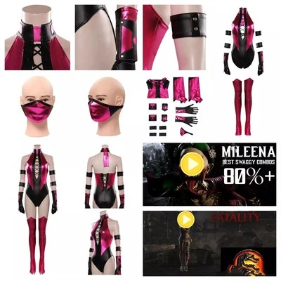 Mileena Cosplay 万圣节 游戏 Mortal woemn Mileena Kombat 性感连身裤 + 面罩 — 第 1/4 张图片