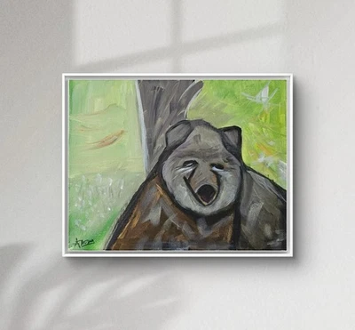 Oso descansando en madera naturaleza colorido acrílico moderno arte original lienzo 11x14 Foto 1 de 4