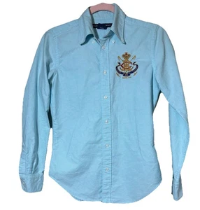 Camisa Oxford deportiva Ralph Lauren manga larga para mujer talla 2 escudo azul claro - Imagen 1 de 4