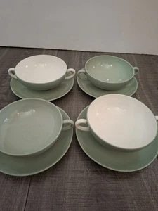 Wedgwood Etruria & Barlaston Celadon Green White Soup Bowls & Saucers X4 Vintage - Picture 1 of 22