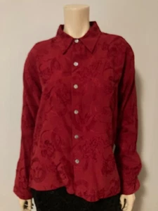 Vtg. CHICO'S DESIGN Size 2 Silk Red Embroidered Button Holiday Shirt Medium - Picture 1 of 8