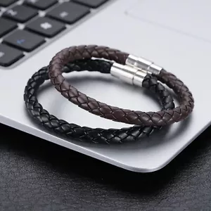 Geflochtenes Lederarmband Magnetverschluss Armreif Edelstahl Herren Damen Schmuck - Bild 1 von 12