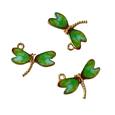 5 Gold Green Brown Enamel Dragonfly Dragonflies 22mm Bead Drop Charms Pendants - Image 1 of 4