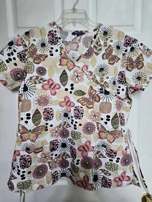 Zikit Scrub Top size L-Pink/Tan Floral/Butterfly V-Neck-Chest 22.5"/L 28" - Image 1 of 4
