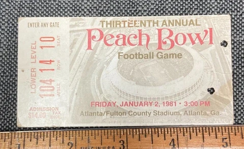 1981 JANUARY 2 PEACH BOWL TICKET STUB VIRGINIA TECH VS MIAMI HURRICANES 93022C Cover