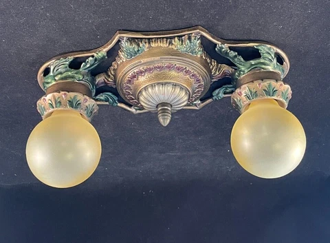 1920-30s Two Light Cast Iron Flush Mount Fixture Cover