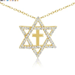 Star of David Cross Pendant – 14K Gold Plated Sterling Silver, Judeo-Christian F - Picture 1 of 9