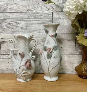 2VINTAGE HANDPAINTED ROSE THEMED PORCELAIN MINI BUD VASES, SEE DESCRIPTION JAPAN - Picture 1 of 12