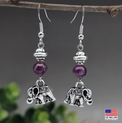 Fashion Vintage Women Bohemia Earrings Lucky Elephant Purple Beaded Retro 1873 - Image 1 of 2