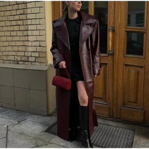 Burgundy Leather Trench Long Coat Lambskin Women Jacket Small M L XL 2XL - Picture 1 of 6
