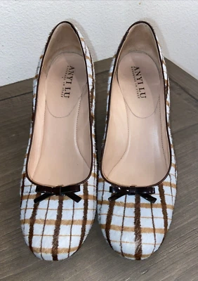 Anyi Lu сделано в Италии коровьей кожи синий горчицы клетку туфли-лодочки каблуки США 10 - Изображение 1 из 4