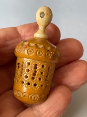ANTIQUE Stanhope Thimble  Holder Carved and PIERCED TAGUA NUT SEWING multi image Cover